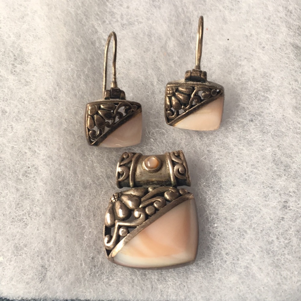 Silver and pale pink pendant with matching earring